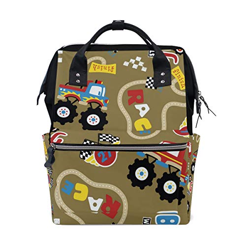 ALINLO Vintage Retro Cartoon Monster Trucks Pattern = Diaper Bags Mummy Tote Bags Large Capacity Multi-Function Backpack for Travel