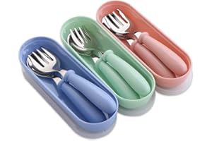 VIDILLO Baby Fork and Spoon 3 Set,Toddler Utensils Spoons Forks Tableware Set with Travel Safe Carry Case for Kids Self Feeding, Baby Utensils Self Feeding Learning Spoons Silverware Set for Kitchen Home Use