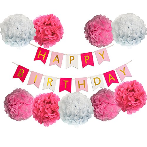 Papier Pom Poms Paper Flowers mit Lovely Happy Birthday Banner, Hot Pink, Light Pink, Weiß, Geburtstagsdeko - 2