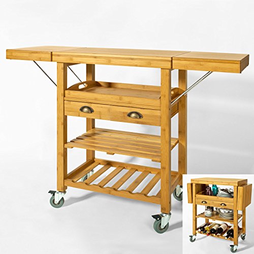 SoBuy® Servierwagen aus hochwertigem Bambus,Küchenwagen,Küchenregal, Rollwagen ,B65 (95/125)xT40xH92cm, FKW25-N