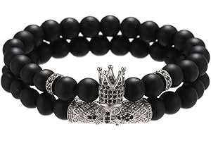 RIXERKOC 2PCs Hombres Pulseras de cuentas de León Cabeza Corona Rey Pulseras para Hombres Mujeres Elastis Negro Onyx Cuentas Protección Pulsera para Hombres Mujeres