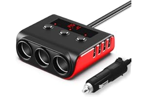 Auto Ladegerät Adapter, SONRU 3 Fach KFZ Zigarettenanzünder Verteiler mit 4 USB Ports, 120W 12V/24V DC Mehrfach Steckdose Splitter mit LED Voltmeter Getrennte Schalter für GPS/Dash Cam/Telefon