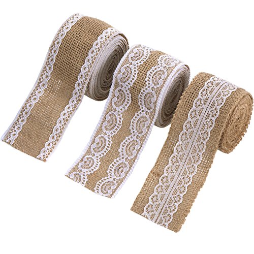 eBoot 3 Stück Natürlich Leinen Band mit Weiß Spitze für DIY Handgemacht Hochzeit Handwerk Spitze Leinen, 78,7 Zoll pro Stück