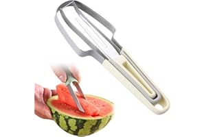 Matame Wassermelonengabel Schneidewerkzeug,3-in-1 Obstschneider aus Edelstahl Doppelkopf-Obstgabeln-Schneidemesser mit rundem Griff, Sommer Wassermelonen-Fruchtschneidegabel (Beige)