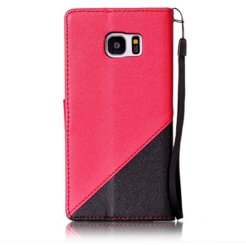 Galaxy S7 Edge Hülle,Galaxy S7 Edge Schutzhülle,Galaxy S7 Edge Leder Hülle,ikasus® Schlagfarbe Nähte Spleiß Stil Naht Farben PU Lederhülle Flip Hülle im Bookstyle Cover Schale Slim Fit Soft Silikon Magnetverschluss Schutzhülle PU Leder Hülle Flip Wallet Case Kunstleder Tasche Cover mit Standfunktion und Kartenfächer Tasche Wallet Case für Samsung Galaxy S7 Edge – Rot - 2