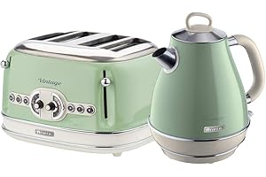 Ariete ARPK20 Retro Style Jug Kettle and 4 Slice Toaster Set, Vintage Design, Green
