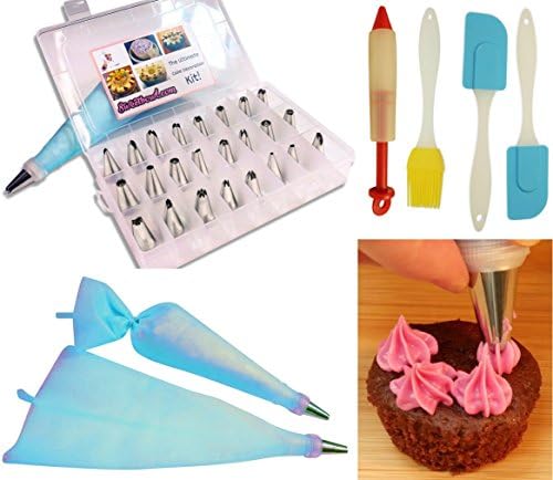 Cake Piping Decorating Kit 48 Pieces inc, 1 Decorating Pen, 2 Piping Bags, 2 Spatulas, 16 Stencils and 1 Bakers brush, for cake piping, cookies and coffee decoration.