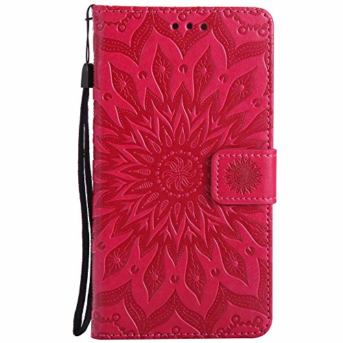 Galaxy Note 4 Hülle, Dfly Premium Slim PU Leder Mandala Blume prägung Muster Flip Hülle Bookstyle Stand Slot Schutzhülle Tasche Wallet Case für Samsung Galaxy Note 4, Rot - 2