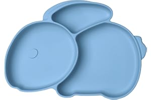 Vicloon Talerz antypoślizgowy dla niemowląt, silikonowy, z przyssawkami, bez BPA, do mycia w zmywarce (niebieski królik)