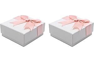 JEZIORO 2Pcs Small Gift Box,7.5x7.5x3.5cm Personalised Square White Kraft Stylish Mini Hollow Jewellery Gifts Boxes with Pink Bow-Knot Ring Earrings Necklace Bracelet Lids Paper Men Women Packaging Presents