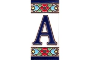 TORO DEL ORO Números para casas. Números y Letras en cerámica esmaltada, Pintados a Mano con la técnica de la cuerda seca. Nombres y direcciones. Modelo Mini Flor Azul 3,5 cms x 7,5 cms (Letra "A")