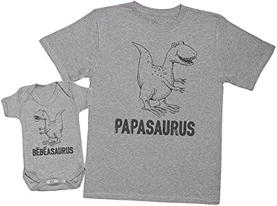 Zarlivia Clothing Bébéasaurus & Papasaurus - Ensemble Père Bébé Cadeau - Hommes T-Shirt & Body bébé - Gris - L & 6-12 Mois