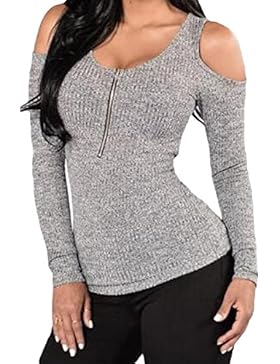 BELLA-Maglietta Slim Donna Senza Spalline Manica Lunga Maglia Pullover V-Collo Bodycon Grigio