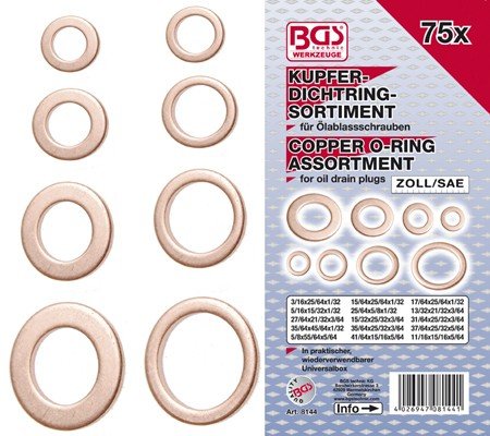 BGS 8144 Kupfer-Dichtringsortiment, in Zoll, für Öl-Ablassschrauben, 75-tlg.