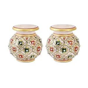 Handicrafts Paradise Marble Round Flower Vase Pair Floral Emboss Painting 3 Inch