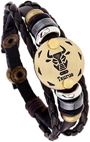 Qinyin Men’s Womens Retro Punk 12 Constellation Zodiac Sign Taurus Bracelet Braided Leather Alloy Charm Bracelet Multilayer Cuff Wristband Bangle