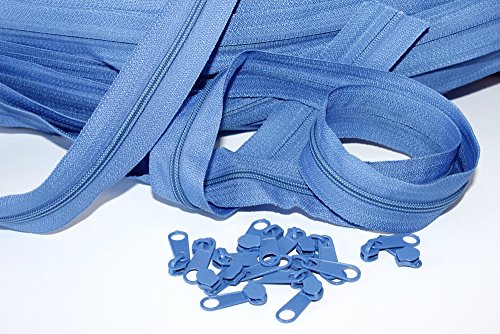 Reißverschluss endlos 6m mit 15 Zipper in mittelblau. 3mm Kunstofflaufschiene.