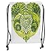Produktbild OQUYCZ Drawstring Sack Backpacks Bags,Boho,Heart Shaped Peacock Feathers Paradise Animal with Clover Flower Zen Print,Lime and Hunter Green Soft Satin,5 Liter Capacity,Adjustable String Closur