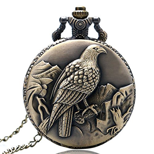 MILIYA Vintage Quarz Bronze-Taschenuhr mit Adlermotiv mit Kette Halskette