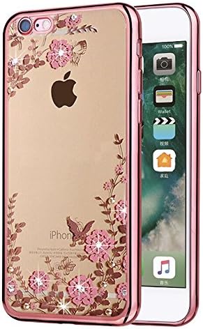 iPhone 7 Case ,COSROLE(TM) Silicon Rubber case [Super thin] Crashproof [Simple Fashion Style] Silicon Rubber case for iPhone 7 Electroplate Protective Soft Shell Flowers Printings with Clear Gorgeous Rhinestone Crystal ( Rose Gold--Pink Flower)