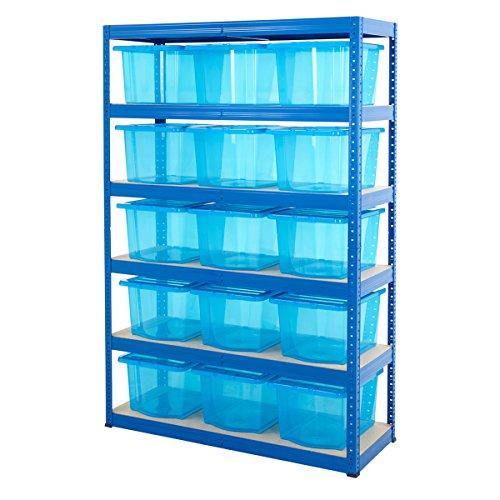 Garage Shelving Bay With 30 Litre Plastic Boxes 5 Tier Up To 265kg UDL Home Storage (Shelving With 15 Blue Boxes)