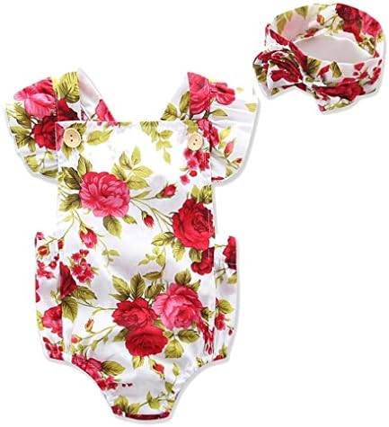 Tonwalk Baby Girls Floral Romper Jumpsuit Headband Outfits Clothes (18Months, Red)