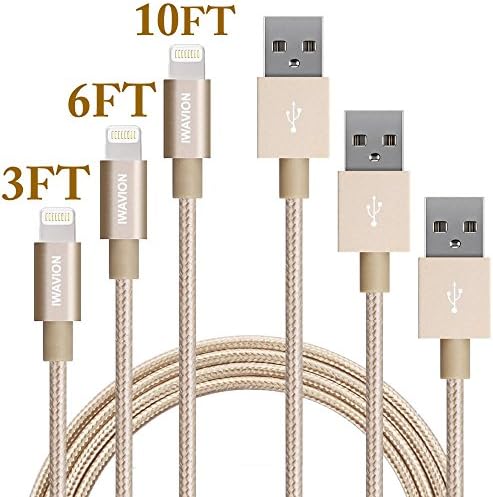 Lightning Cable, IWAVION 3Pack 3FT/6FT/10FT(1M/2M/3M) Nylon Braided 8pin Charging Cables USB Charger Cord for Apple iphone 7, 7 Plus, 6s, 6s plus, 6plus, 6,5s 5c 5 se, iPad Mini/Air/Pro,iPod. (Gold)