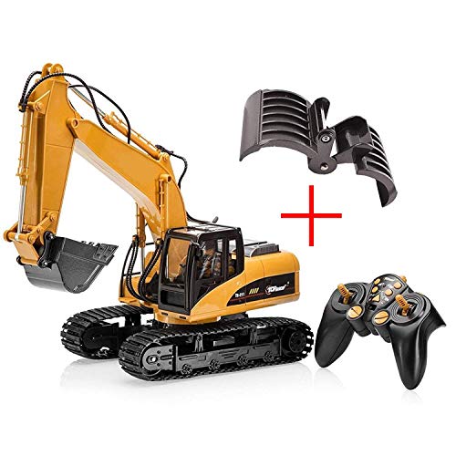 TopRace 15 Canales Completo de Control Remoto Funcional Excavator Construction Tractor, Excavadora de Juguete con 2.4Ghz Transmitter 2 en 1 con Pala Intercambiable TR-215/211