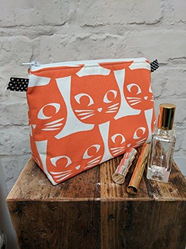 Large Orange Cat Make Up Bag or Medium Sized Washbag in a beautiful Orange Cat Print with Bright Green Cotton Lining. 25cm(10")Wide, 18cm(7")Tall by 10.5cm(4")Deep. Handmade in Dorset