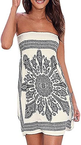 Nergivep Women's Strapless Floral Print Bohemian Dress Casual Mini Beach Dresses