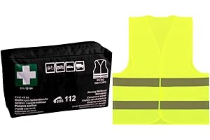 Notlok Safety Work, 2w1 Botiquín para coche, Botiquín negro + chaleco de seguridad amarillo fluorescente, Botiquín combinado para coche + chaleco de seguridad, DIN13164, 5 años de garantía