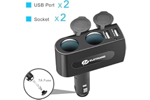 ROCKETEK Eletrand 2-Socket Cigarette Lighter Adapter,12V/24V DC Outlet Splitter with Dual USB Ports Car Charger Compatible with iPhone, iPad, Tablet, Android, Samsung, GPS, Dashcam, Radar Detector and More