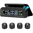 Tire Pressure Monitoring System Wireless Solar TPMS, Tire Pressure Monitor Installed on Windowshield with 4 External Sensors Real-time Display Temperature Pressure 22-87 PSI for Car RV SUV MPV Sedan