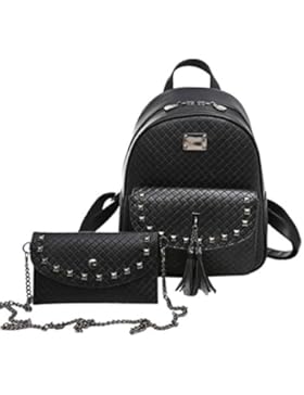 Frauen Mode-Rucksack PU-Leder Niet Umhängetasche College-Rucksack Geldbörse Tasche Reisen Zwei Tasche