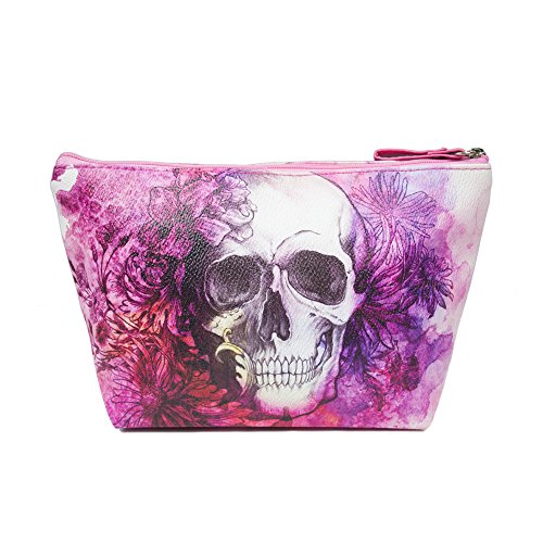 TaylorHe Make-up Bag Cosmetic Case Toiletry Bag Printed PVC zipped top Pink Floral and Skull