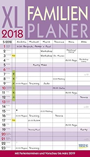 XL Familienplaner 2018: Mit 6 Spalten. Mit Ferienterminen und Vorschau bis März 2019