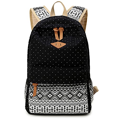 5 ALL Damen Herren Fashion Ethnischen Stil Blumendruck-Art Canvas Rucksack Schulrucksack Reisetasche Casual Daypacks Cityrucksack für Universität Outdoor Freizeit 28 x 12 x 42cm (Schwarz)