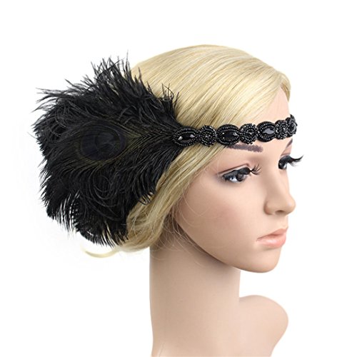 Kranchungel Vintage Feather 20s Headpiece 1920s Flapper Headband Roaring 1920s Flapper Gatsby Headpiece Black