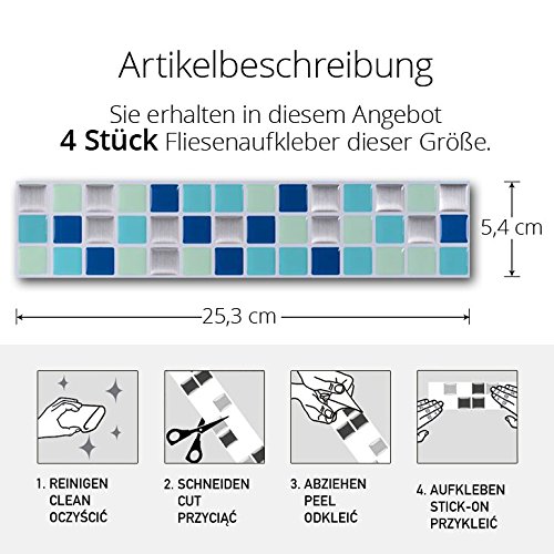 4er Set 25,3 x 5,4 cm Grandora Mosaik 3D Fliesenaufkleber W5195 selbstklebend Küche Bad Wandaufkleber Fliesendekor Folie blau türkis silber - 2