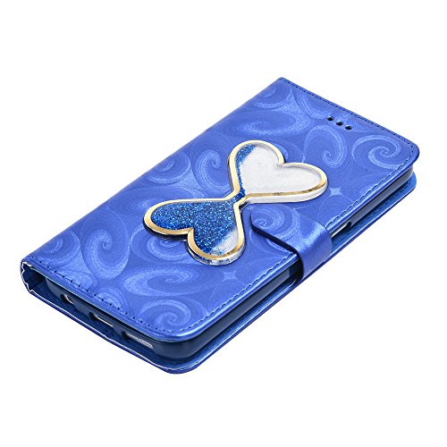 Samsung S7 Hülle, SpiritSun Ledertasche Schutzhülle für Samsung Galaxy S7 Liebe Herz Muster Bling Glitter Liquid Flüssig Schwimmend Design Folio PU Leder Tasche Case Cover Bookstyle mit Standfunktion und Kredit Kartenfächer – Blau - 5
