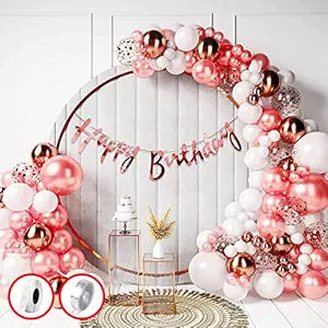 Party Propz Rose Gold Birthday Decoration Items Combo Set For Girls Kids Wife - Happy Birthday Foil Banner, Metallic Balloons, Chrome Balloons, Glue Dot,Arch Strip, For Birthday Decorations Celebrations - 60Pcs