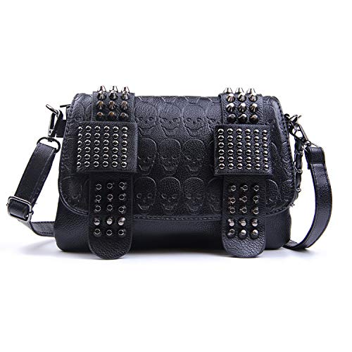 EVEOUT Sac à Bandoulière à Imprimé Crâne pour Femme Bourse de Crâne de Style Punk - Sac à Bandoulière Gothique en Cuir PU avec Chaine/Portefeuille Long Femmes Haut de Gamme Croix Motif PU Cuir