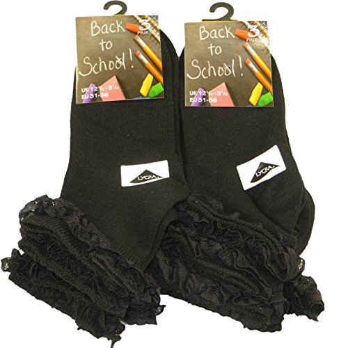 H.A.A.S® 3 Pairs Womens Cotton Ankle Socks Girls Frilly School Fancy Lace Trainer Top (4-7, Black)
