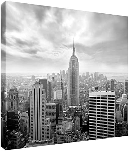 Black and White Square Canvas Wall Art Print New York City Skyline stretched around a 12 x 12 inch (30cm x 30cm) wooden frame by Pixel Zone