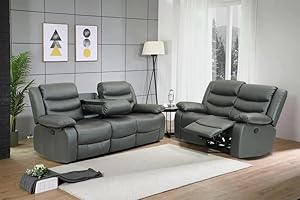 SOFALAND Recliner Grey Bonded Leather 3 & 2 Seater Settee Sofa For Living Room Furniture - Luxury Suite Set High Back/Cheap Couches (3+2 Seater)