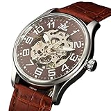 SEWOR orologio da polso scheletrato trasparente con cinturino in pelle (Marrone)