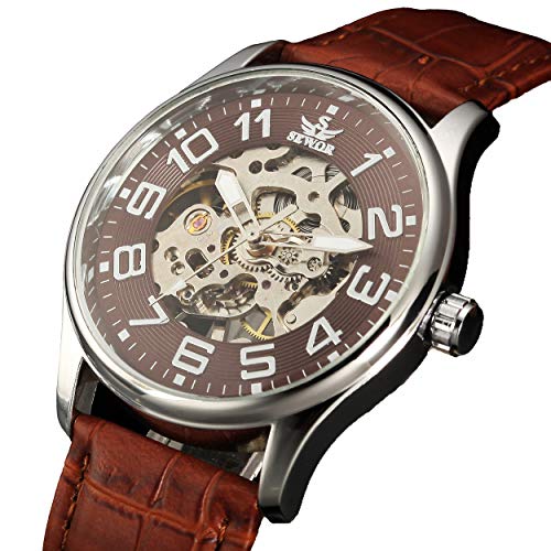 SEWOR orologio da polso scheletrato trasparente con cinturino in pelle (Marrone)