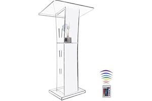 Afitdon Podio acrílico, Atril de acrílico Transparente con Estante de Almacenamiento, púlpito de la Iglesia con luz LED de 15 Colores, Soporte de podio de Estabilidad para Iglesia, conferencias