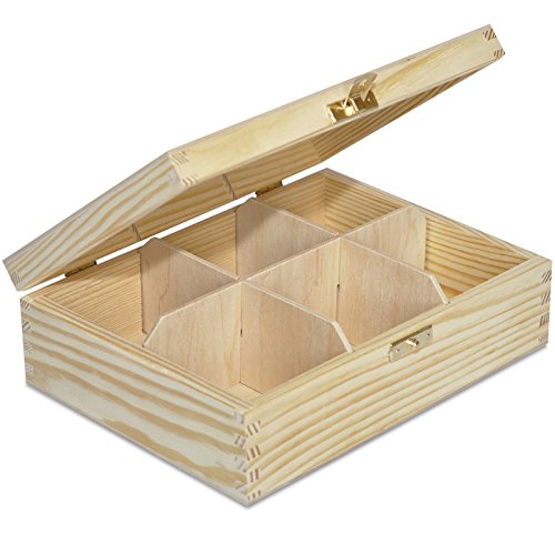 Unpainted Wooden Tea Box Storage with Lid | 6 Compartments | 21x16x7cm | Natural Wood | Luxury Compartment Organiser Keepsake Caddy Chest Christmas Xmas | Chocolate Coffee | Gift Box