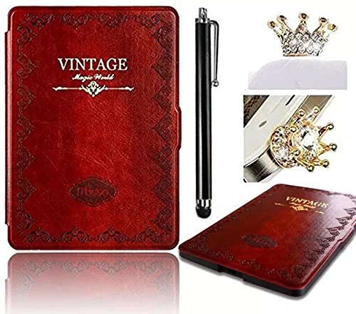 Vandot 3in1 Muster Pattern PU Leder Smart Case Hülle für iPad mini 3, iPad mini 2 (Retina Display) / iPad mini Luxus Flip Painted Druck Tasche Folio mit Ständer Stander Halter Magnetic Button Shell Schutz Bag Etui + Glitzer Krone Crown Anti Staub Schutz + Bling Metall Stift Pen - Retro Vintage Braun Business Blume Floral